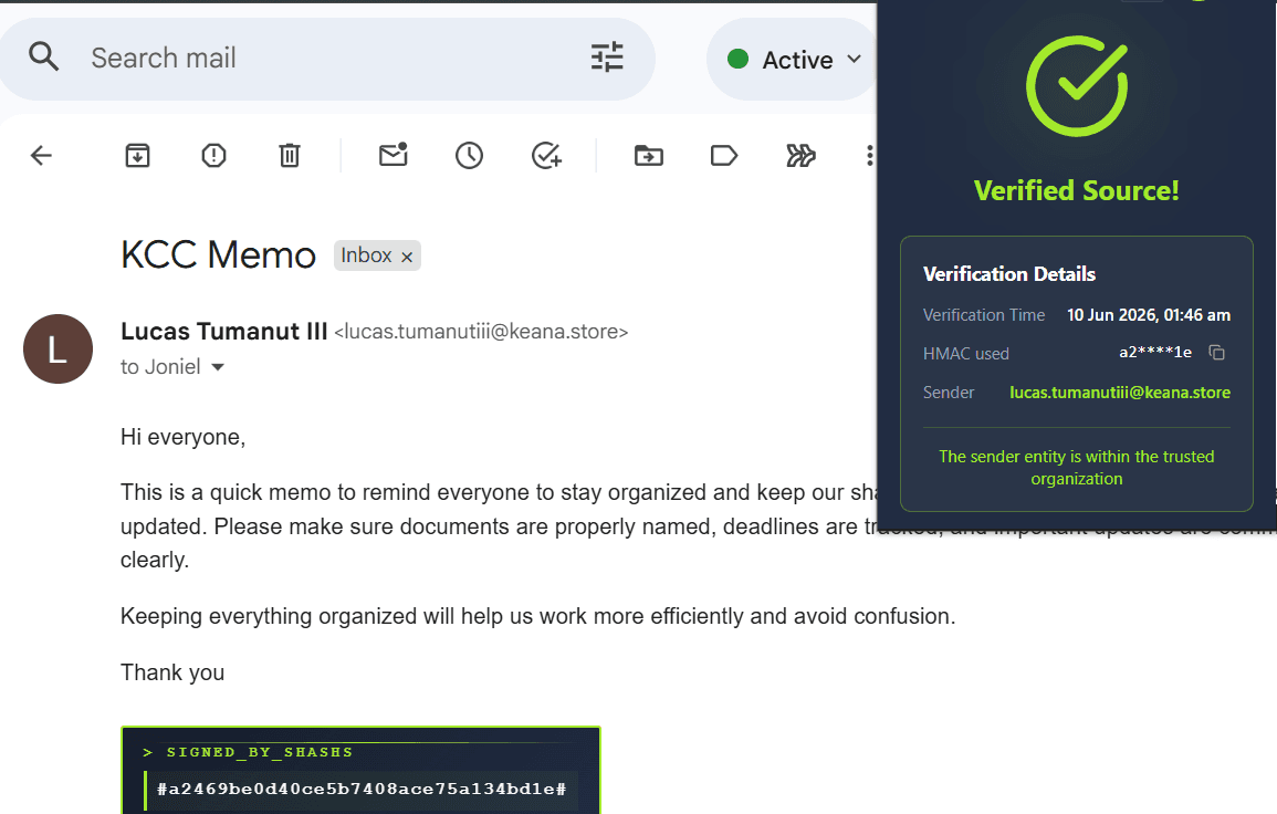 SHASHS Chrome extension verifying a Gmail message, showing a Verified Source badge with HMAC and trusted-sender details